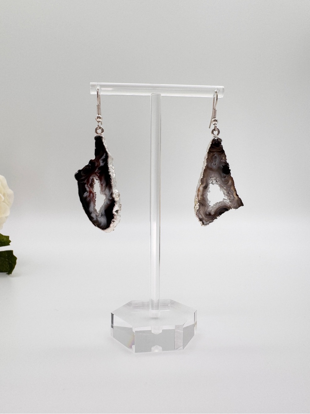Agate Druzy Geode Slice Drop‎ Earrings Black Gray Silver Tone Boho